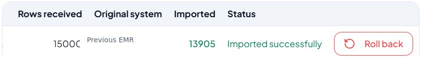 Redacted import history showing 13,905 imported successfully; the previous system source is masked.