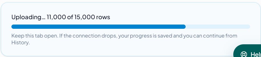 ClinicOS import progress showing 11,000 of 15,000 rows uploaded, with progress saved.